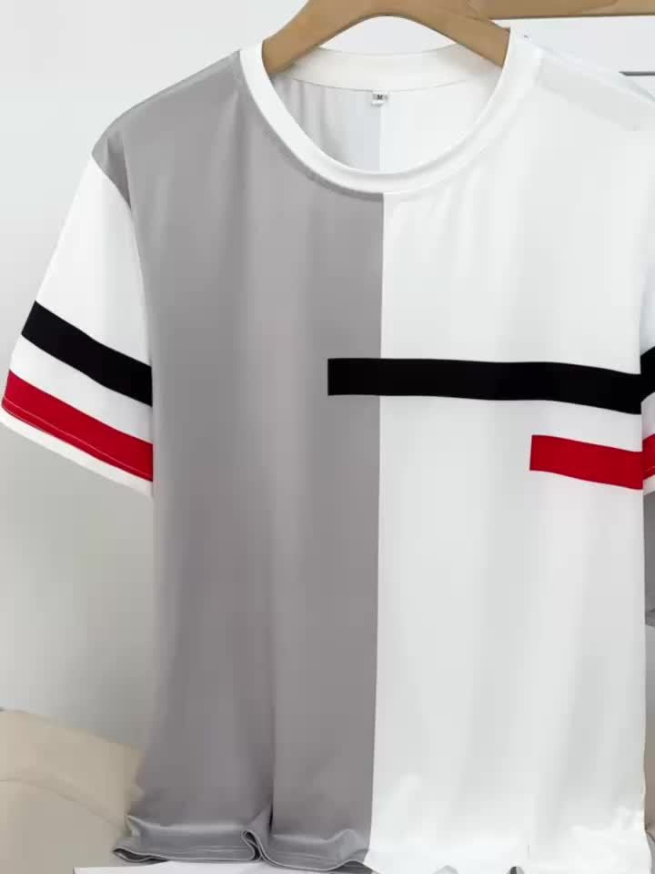 Thumbnail: Color Block Pattern Print, 2Pcs Outfits For Men, Casual Crew Neck Short Sleeve T