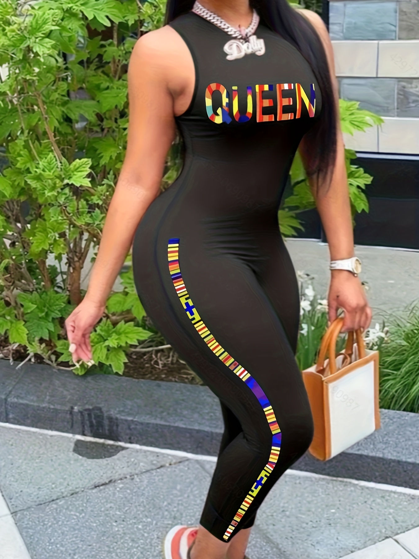 Queen Letter Print Tank Jumpsuit, Slim Solid Casual Jumpsuit For Spring & Summer