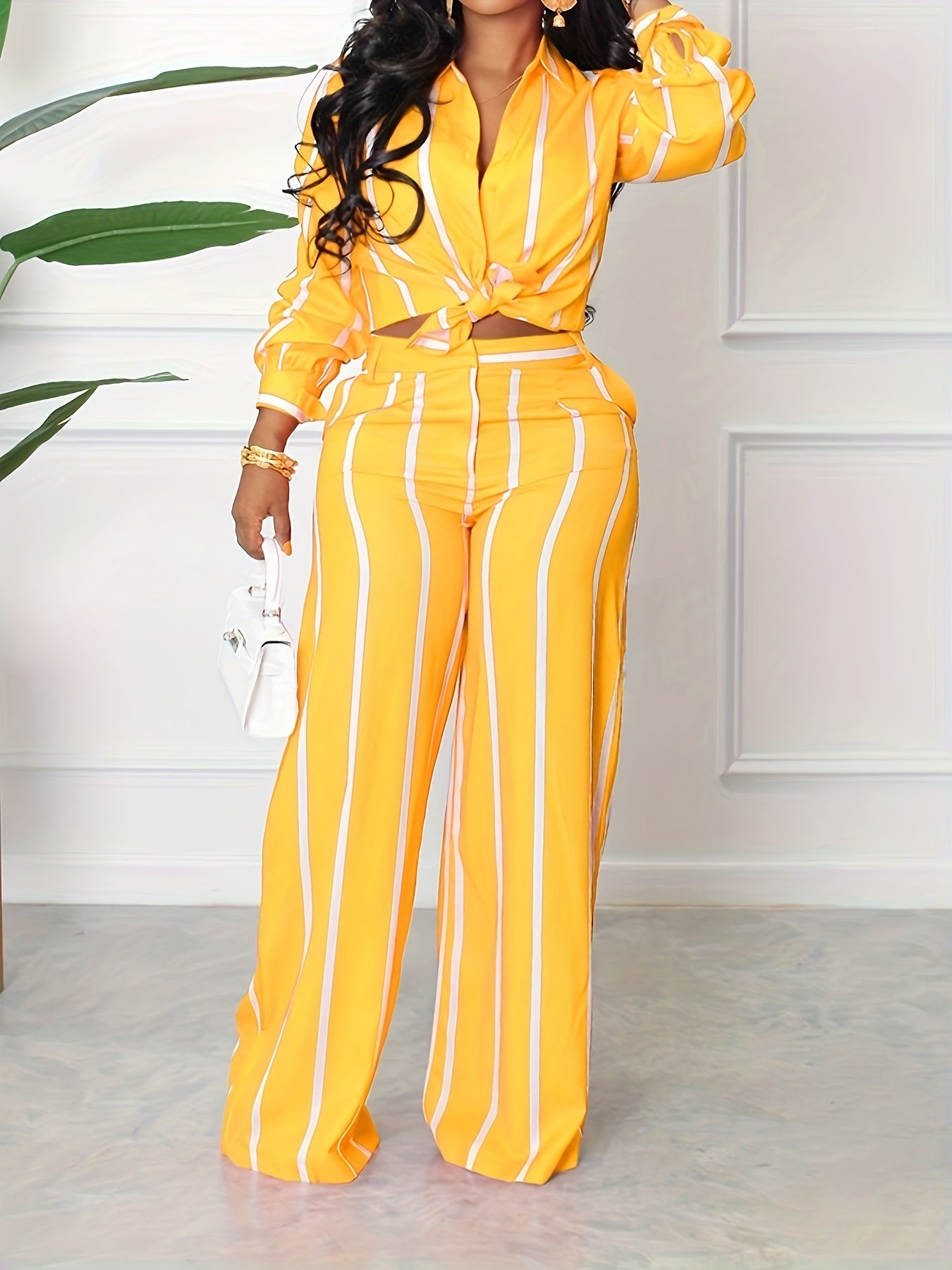 Striped Print Two-piece Set, Button Front Collar Long Sleeve Shirt & High Waist
