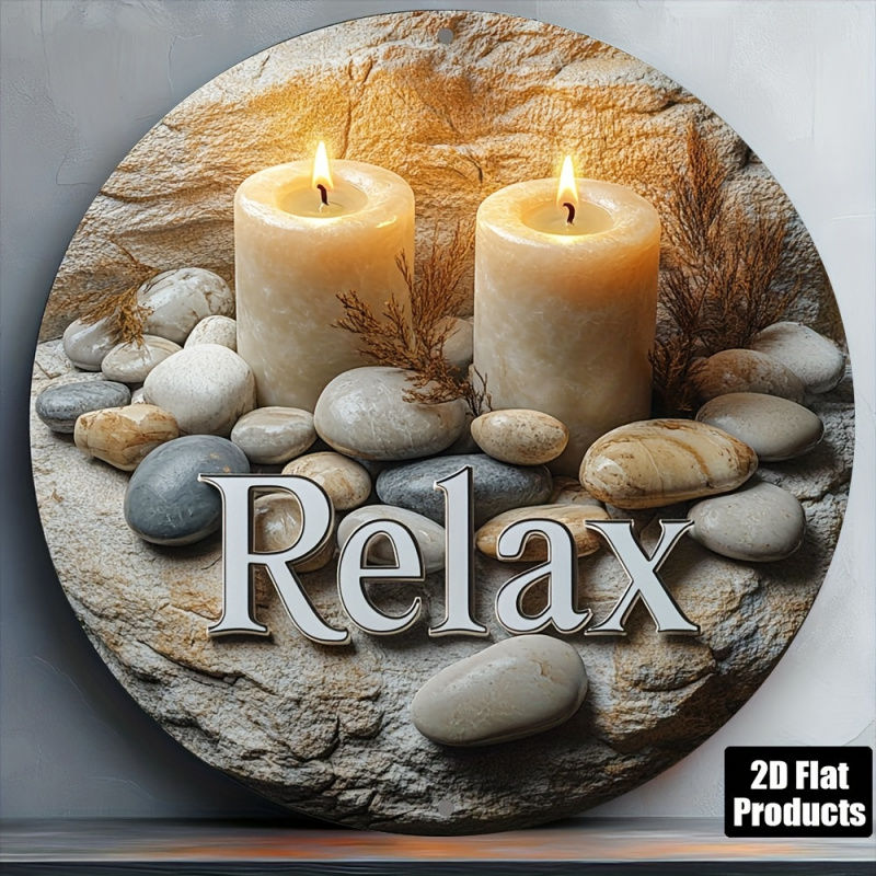 Thumbnail: Theme Round Aluminum Wall Art Sign - "Relax" with Candles & Stones Design, Relax