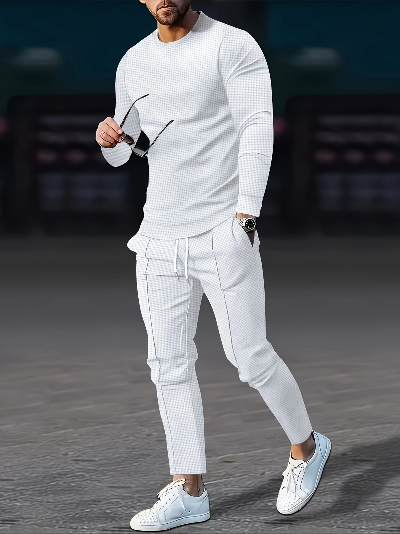 Waffle Pattern Men's 2Pcs Outfits, Casual Crew Neck Long Sleeve Pullover Sweats