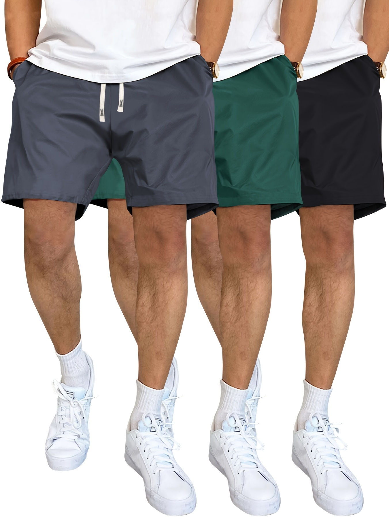 3pcs Men's Solid Colour Shorts With Drawstring & Shorts, Comfy Breathable Casual