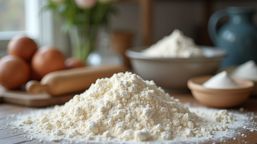 Eye-level view of flour and baking equipment on a kitchen counter
