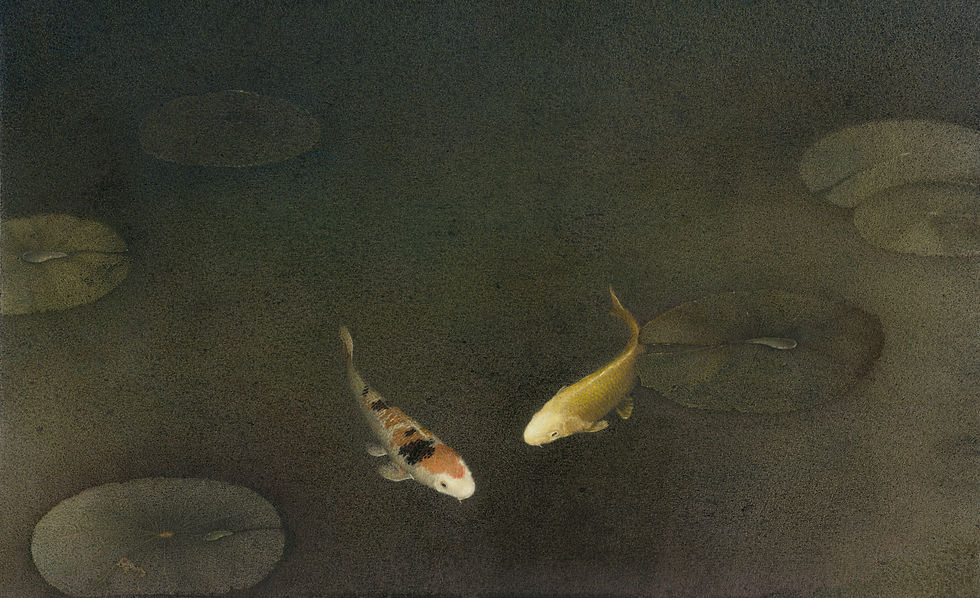 Two Koi with Water Lily Leaves