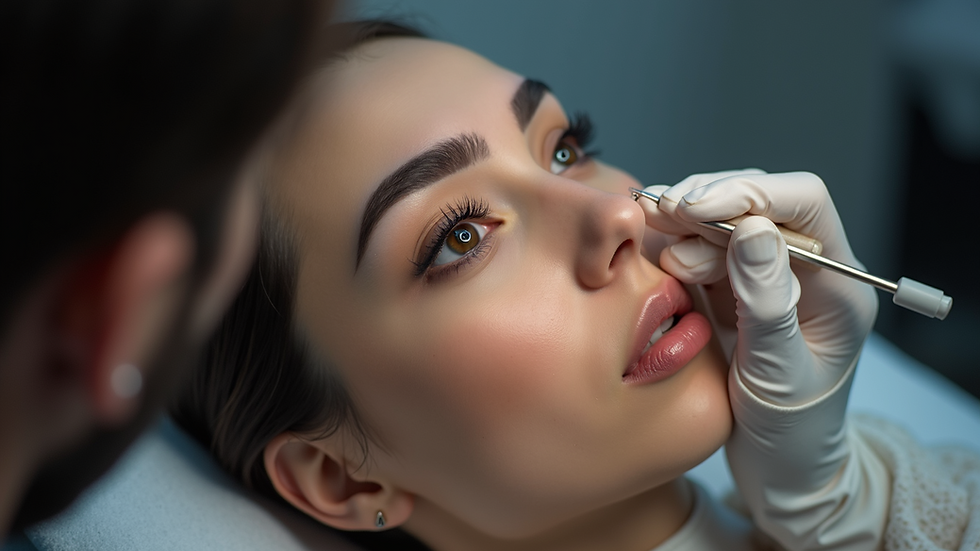Close-up view of a client receiving eyebrow microblading at Hazal Aslan