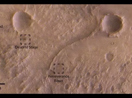 A tiny pale speck is what Perseverance looks like from Orbiter's photo.