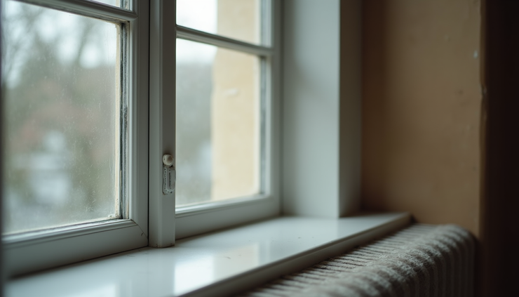 Close-up view of a stylish window frame with clear glass and decorative trim