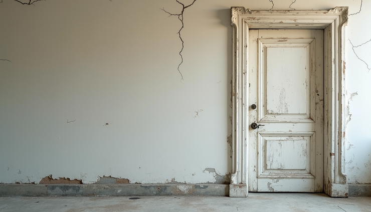 Eye-level view of a damaged door frame with peeling paint and cracks