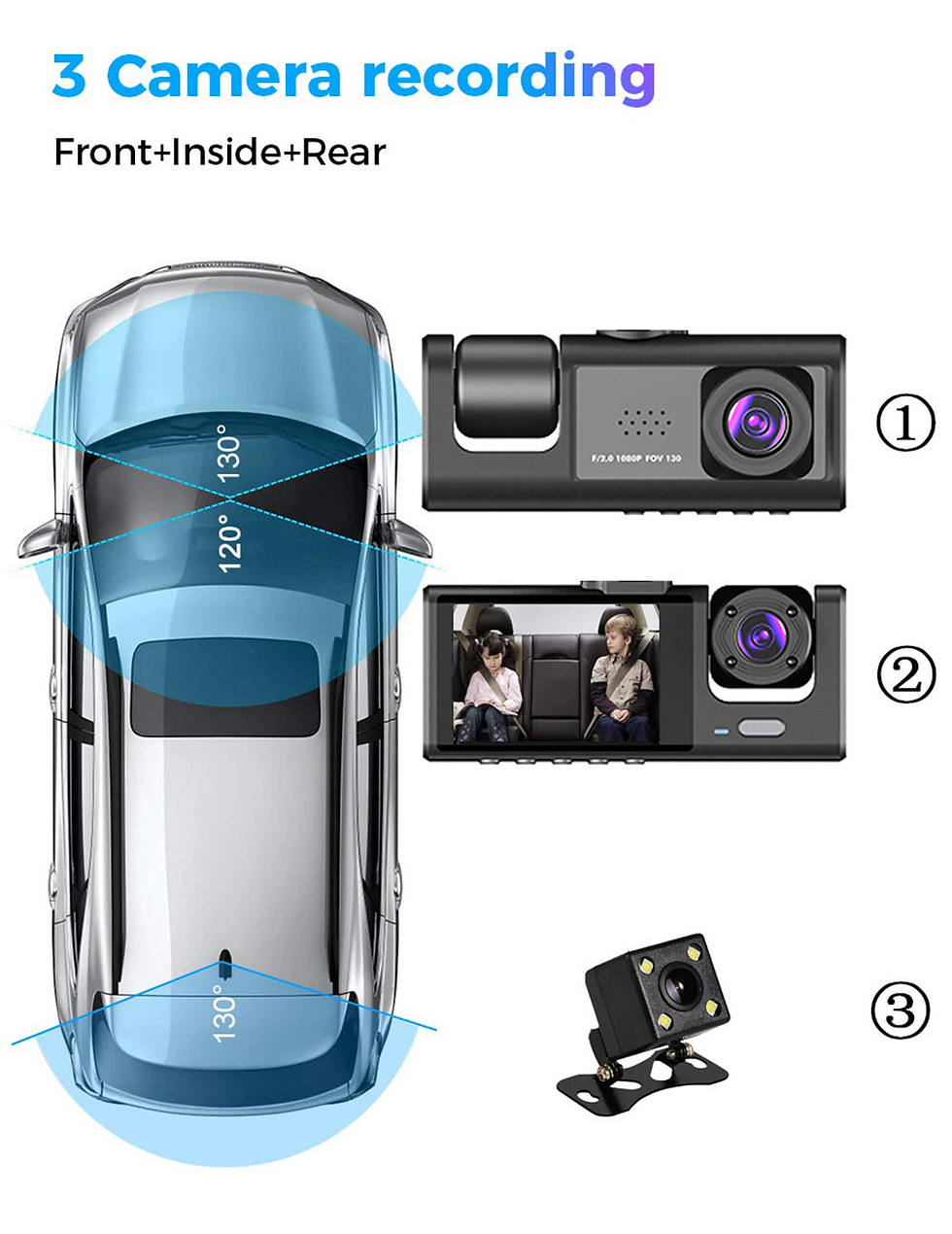 Miniatura: Car Dual Lens Dash Cam HD 1080P Front/Rear/Inside Video Recorder Camera G-Sensor