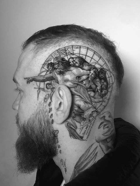 Tattoo of creation of Hadam on head in Black and White Realism by APZ in New York, US.In New York, APZ is a skilled tattoo artist trained by some of the best tattoo artists in the world. He specializes in classic realism tattoos using a modern black and white style, focusing on connected designs and full sleeve tattoos that enhance his clients’ style. His creation of Hadam tattoo on head speaks volumes with lifelike realistic details.