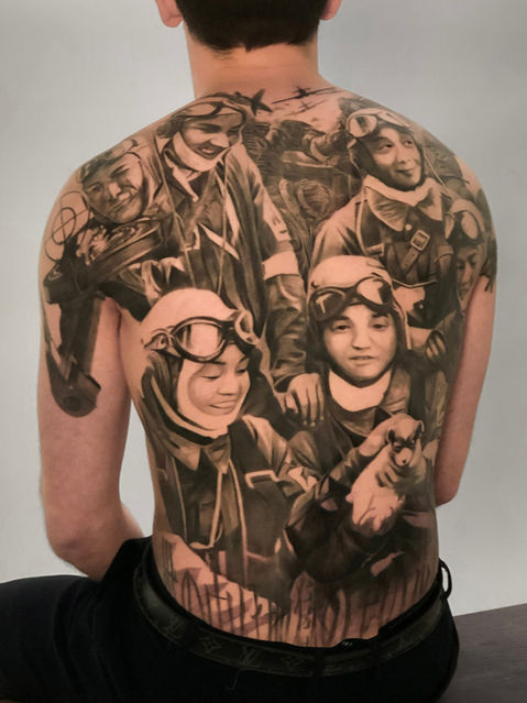 Tattoo of Kamikazes on Back in Black and White Realism by APZ in New York, US.In New York, APZ is a skilled tattoo artist trained by some of the best tattoo artists in the world. He specializes in classic realism tattoos using a modern black and white style, focusing on connected designs and full sleeve tattoos that enhance his clients’ style. His Kamikazes tattoo on back speaks volumes with lifelike realistic details.