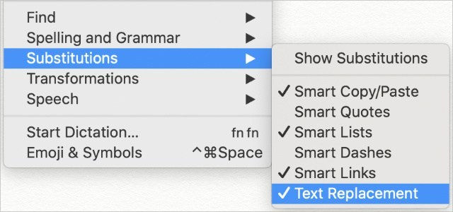 Text Replacement option from Substitutions in Edit dropdown menu