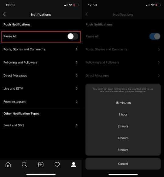 Instagram Pause Notification Settings