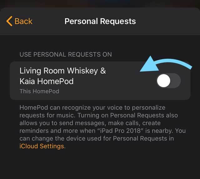 toggle off personal request for HomePod