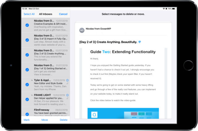 All emails selected to delete in iPad Mail app