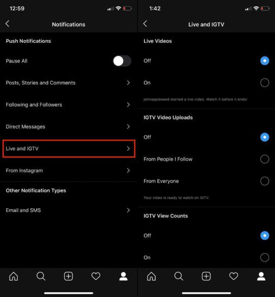 Instagram Live and IGTV Settings