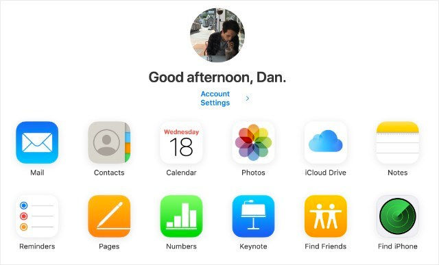 iCloud home page from website showing different content