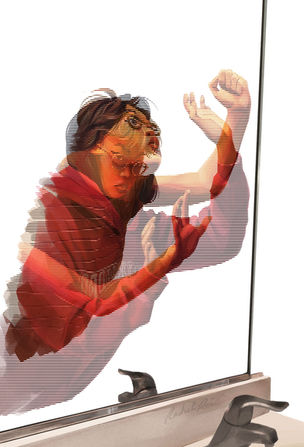 Two figures in a mirror with an empty background. On figure has short ginger hair, and is wearing a yellow striped shirt. The other has long black hair and is wearing a pink hoodie. The two figures are holding their hands up to the mirror. The two images are digitally interlaced together using pixel art and layers.