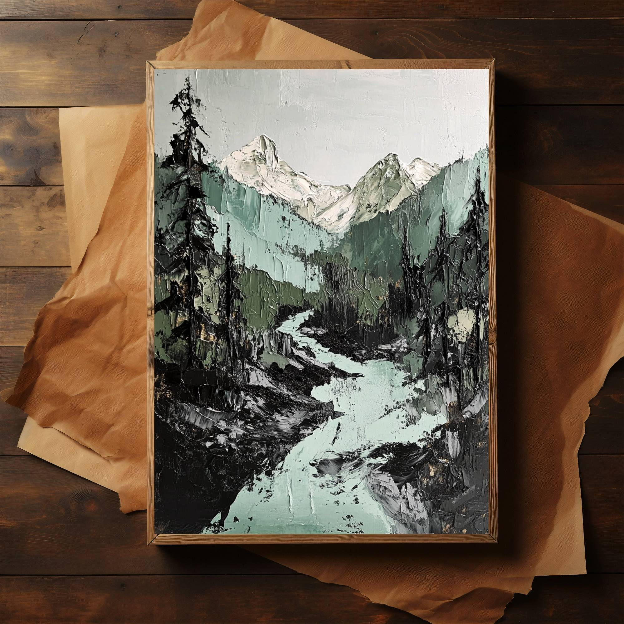 Tall Narrow Wall Art Mountain River Textured Canvas Print for Hallway