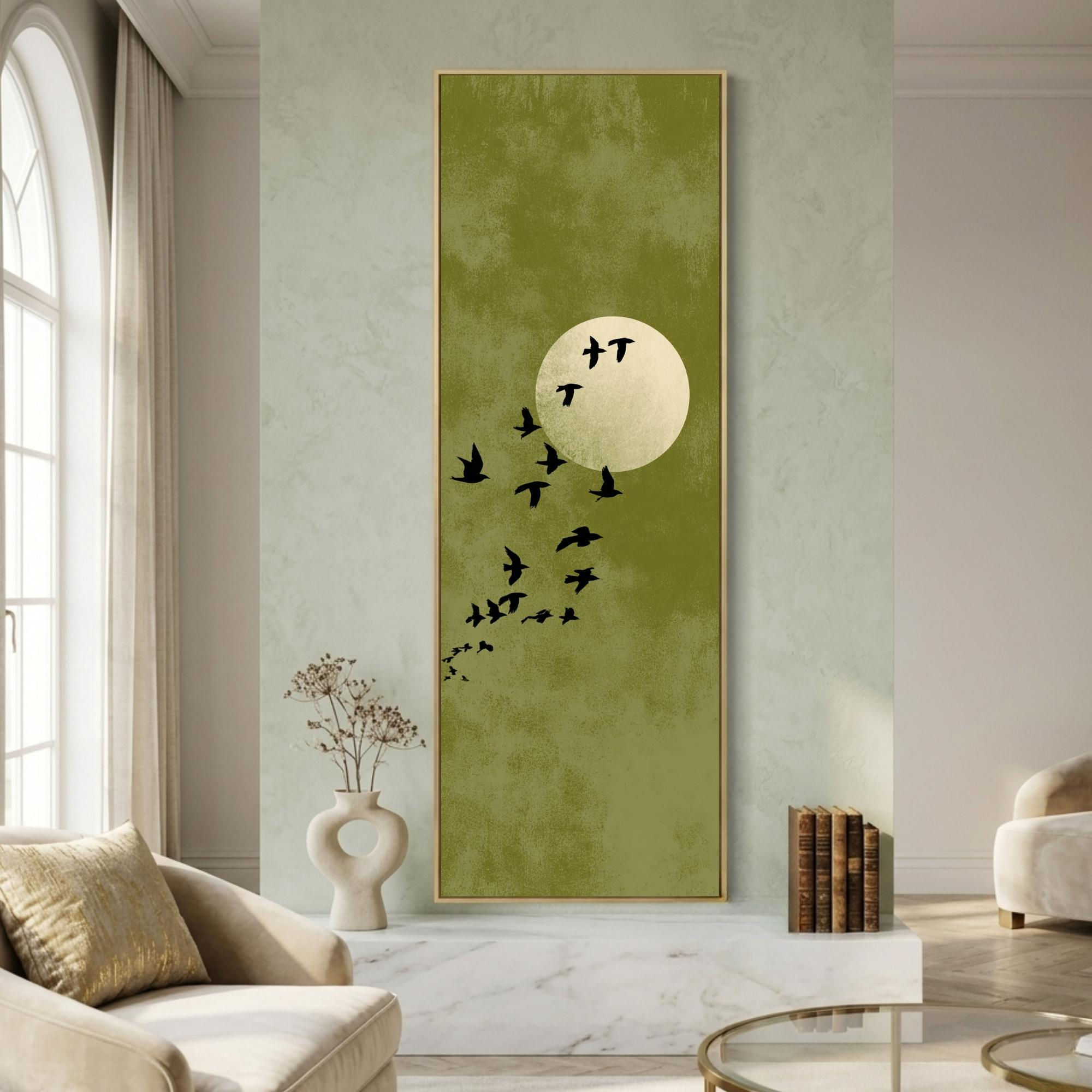 Tall Narrow Wall Art | Birds Moon Canvas | Modern Living Room Decor