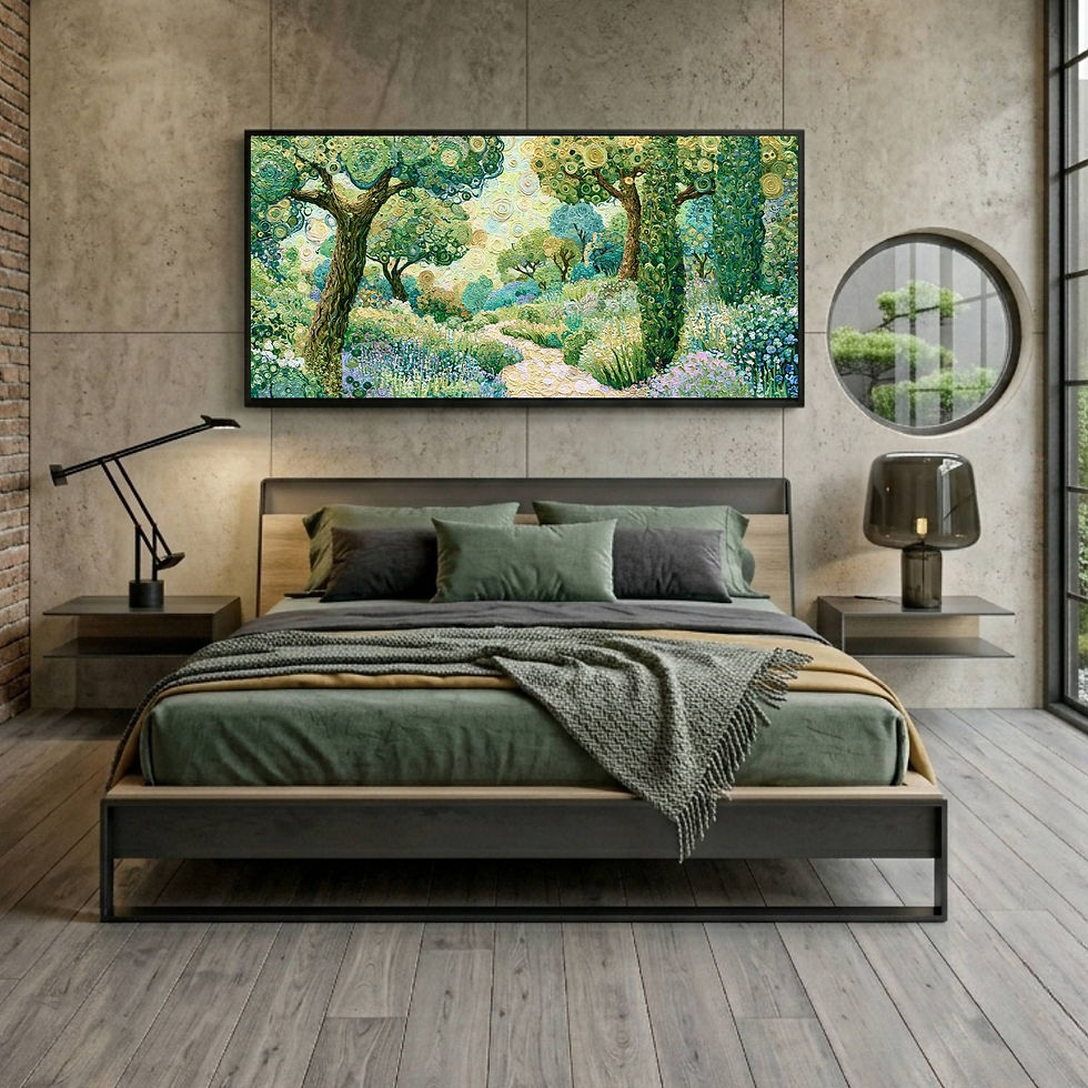 Textured garden artwork with winding path and vibrant foliage