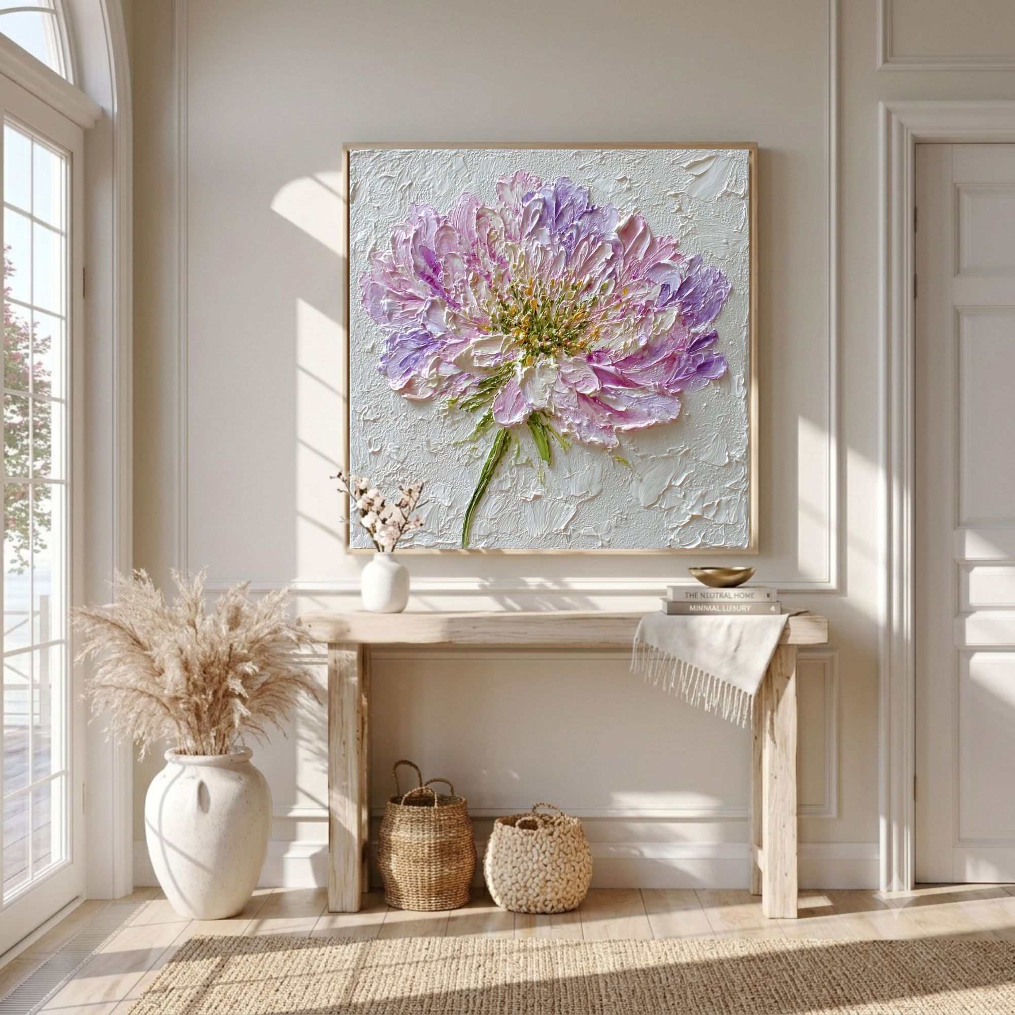 Hand-crafted square artwork with neutral color palette