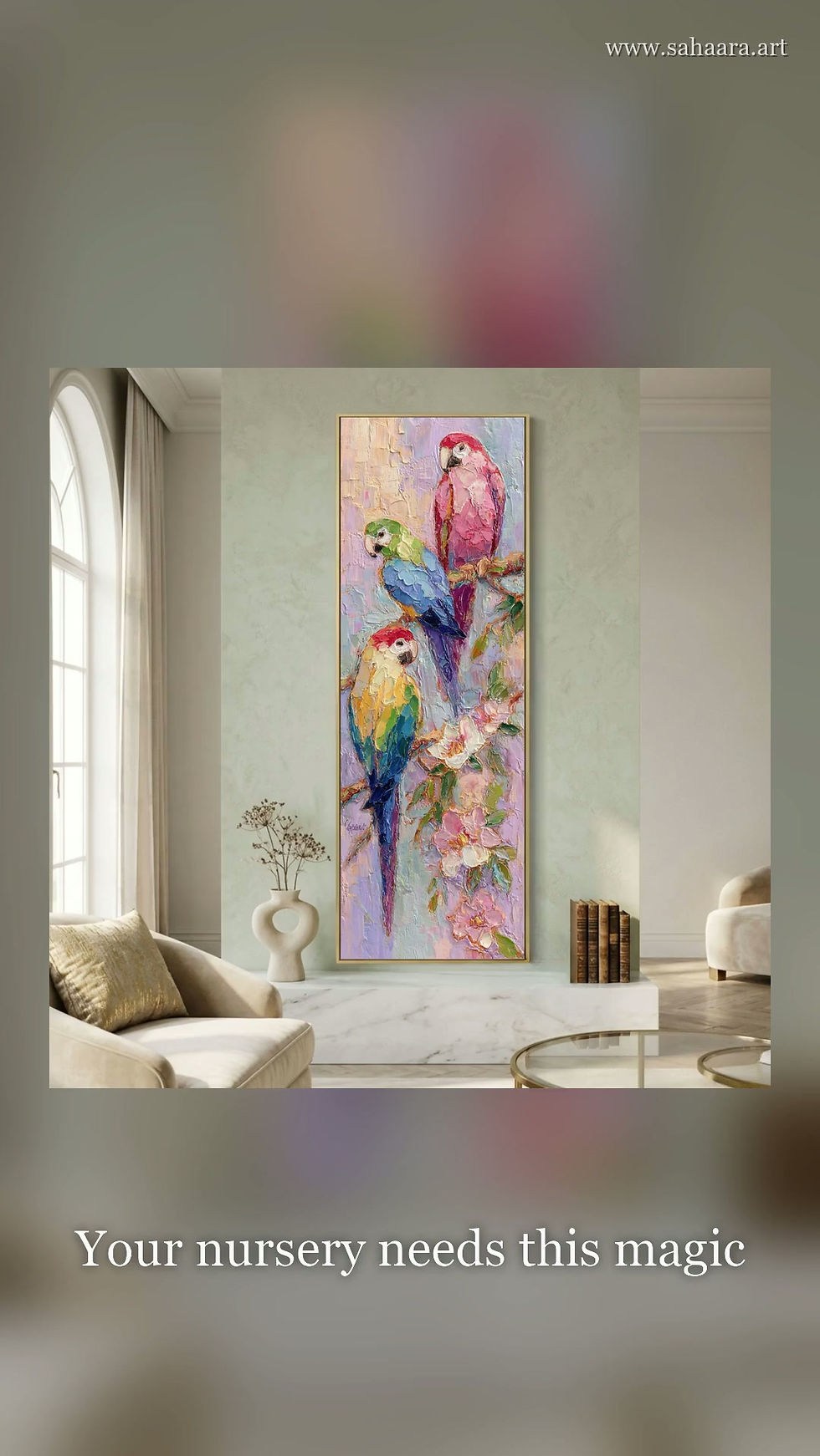 Thumbnail: Nursery Wall Art | Tall Parrot & Floral Canvas Print