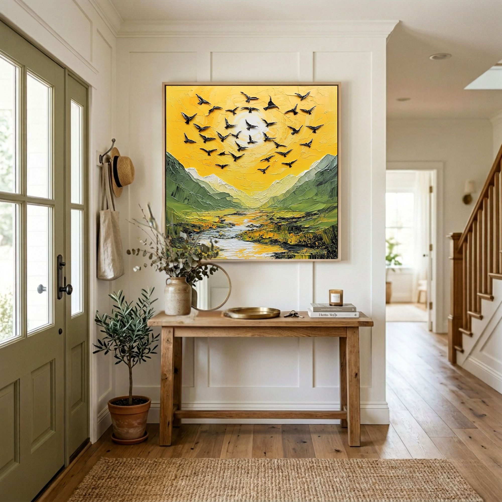 Entryway Landscape Wall Art | Bird Flock Painting | Nature Art