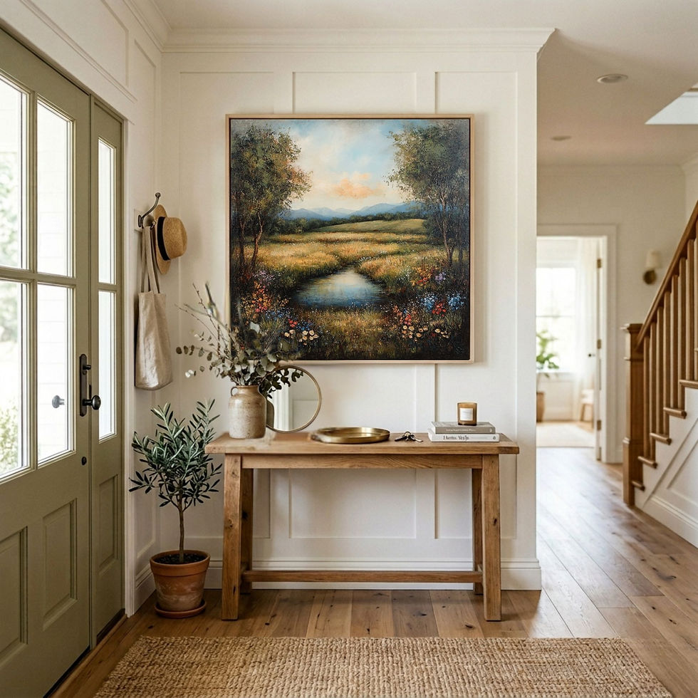 Square landscape painting of a pastoral scene for entryway wall art