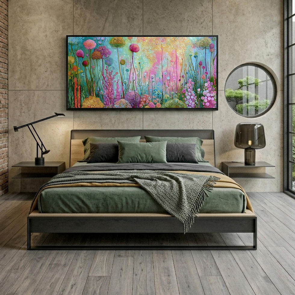 Thumbnail: Textured floral painting in a bedroom setting
