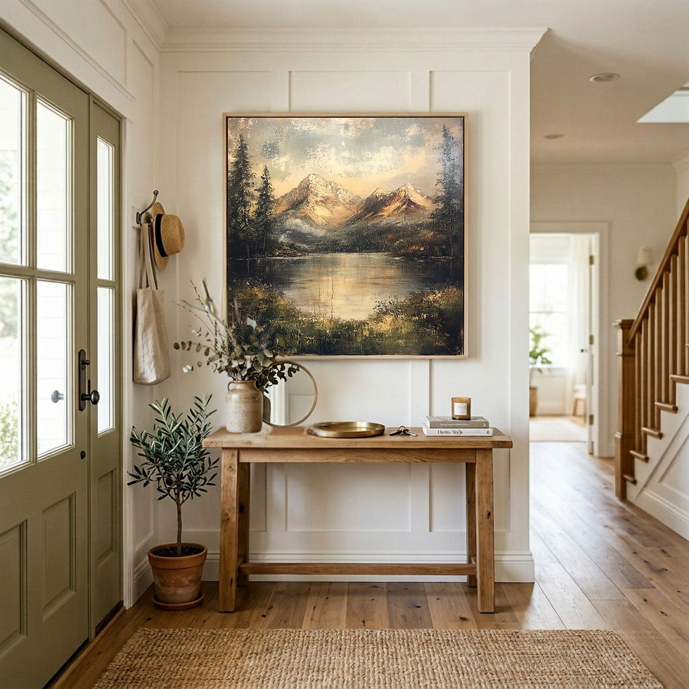 Thumbnail: Square canvas print of a peaceful mountain and water scene
