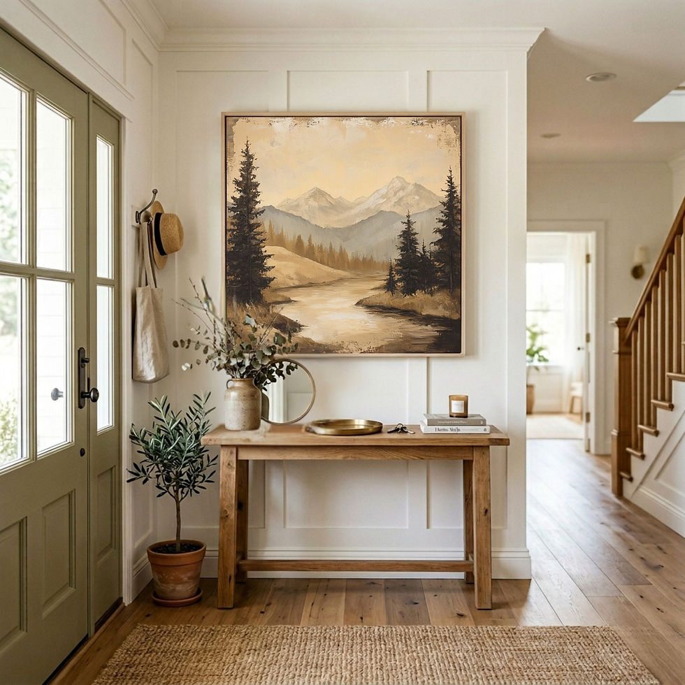 Square landscape wall art featuring a serene mountain river scene.