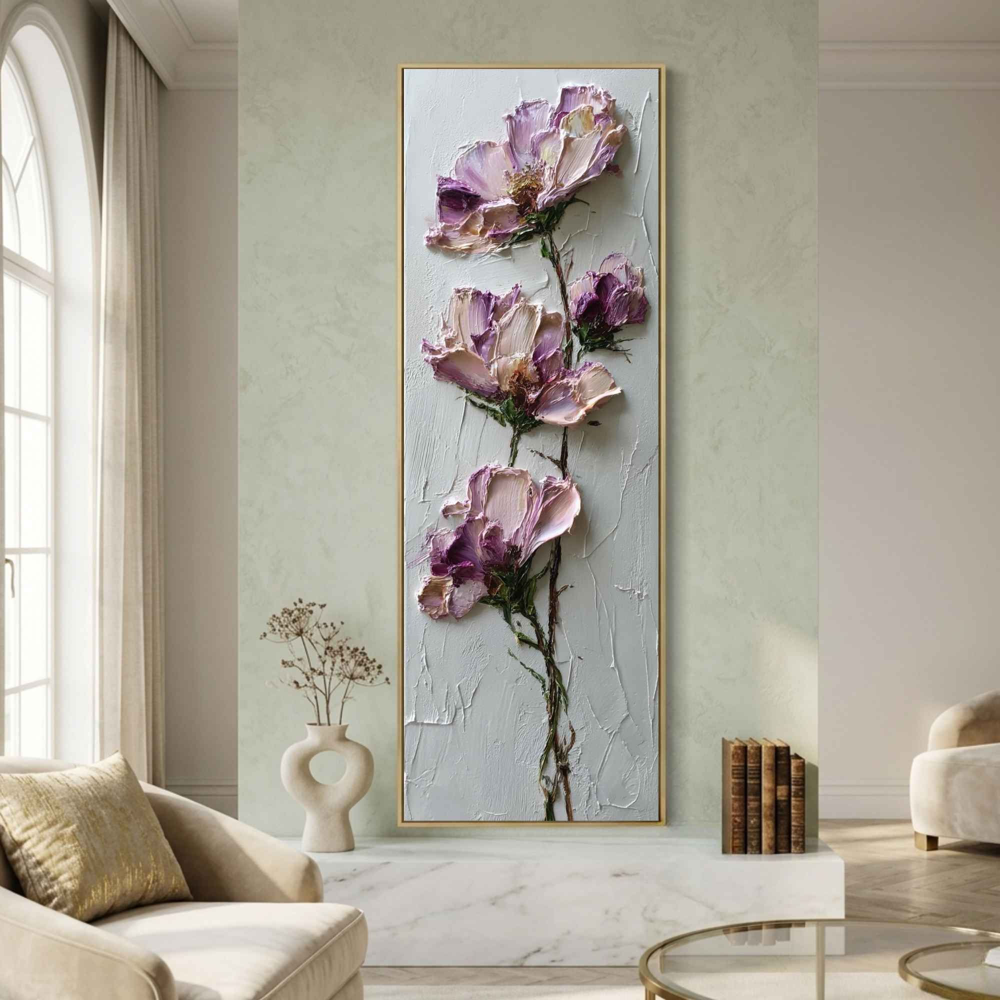 Tall Narrow Floral Textured Canvas Wall Art