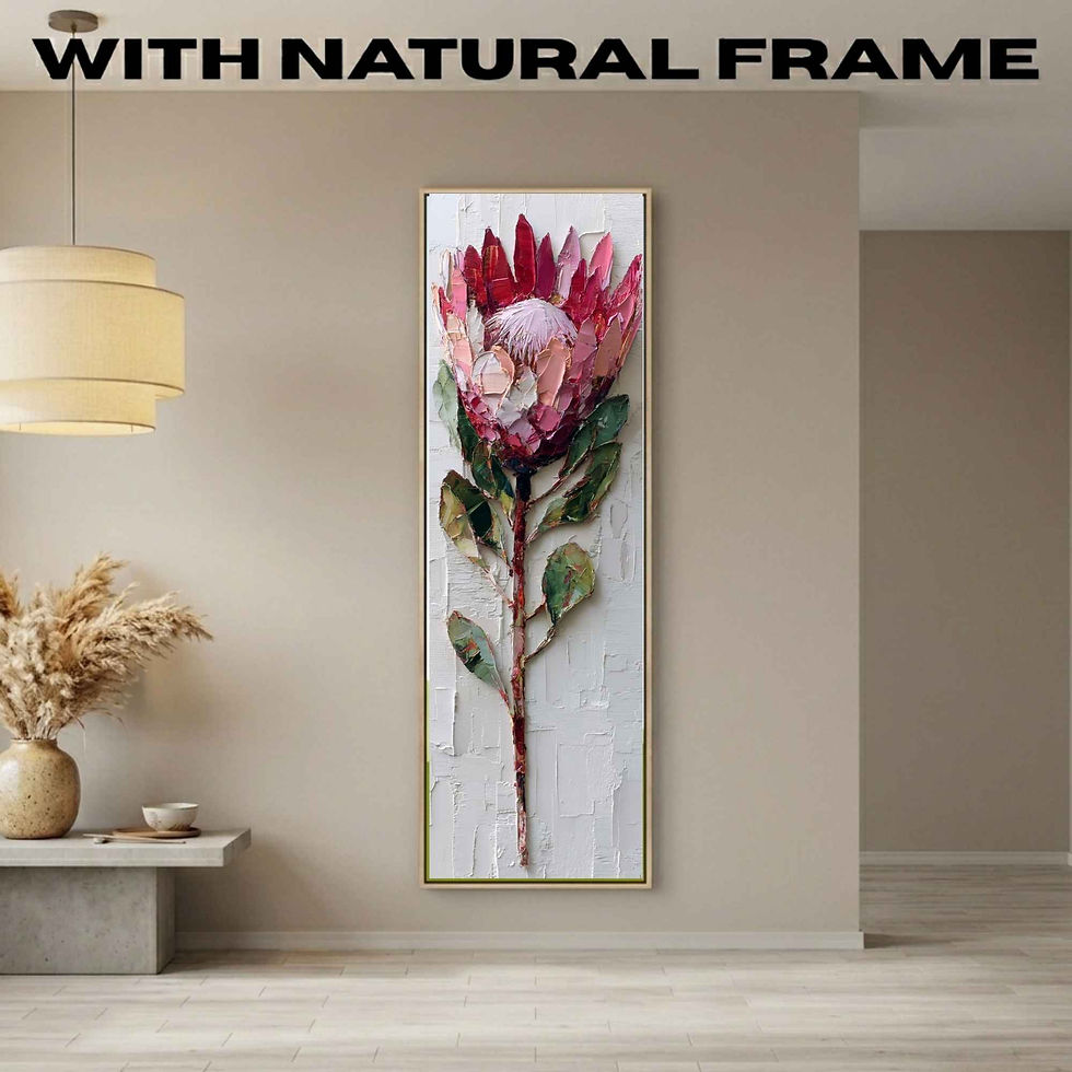Thumbnail: Vertical floral artwork with pink and red protea