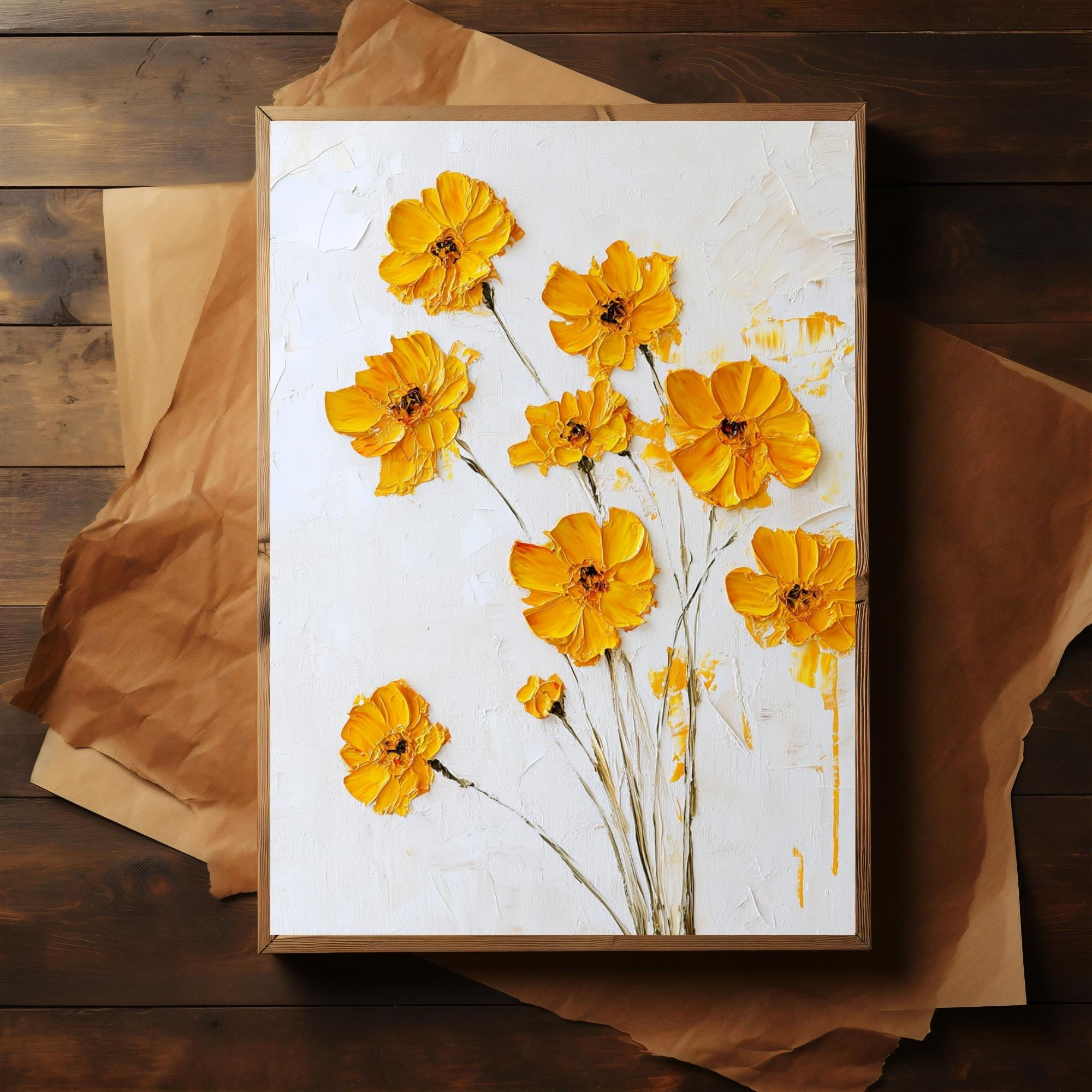 Yellow Floral Textured Canvas Wall Art for Living Room