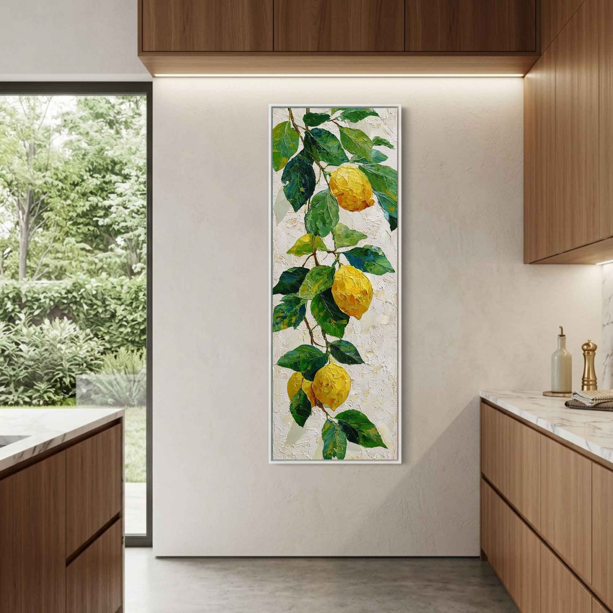 Tall vertical canvas art of lemons on a branch for kitchen decor