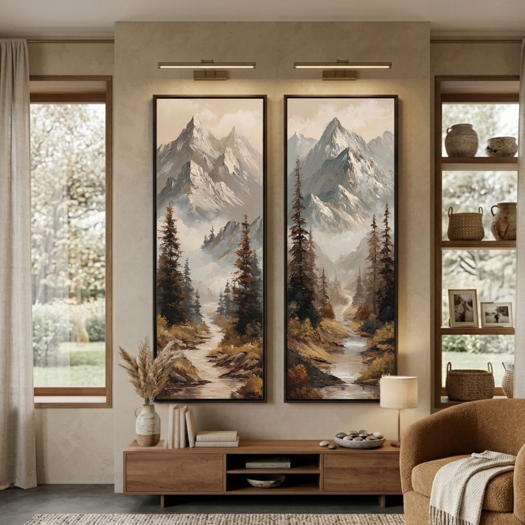 Two tall narrow vertical canvas prints of a mountain landscape with trees and a river