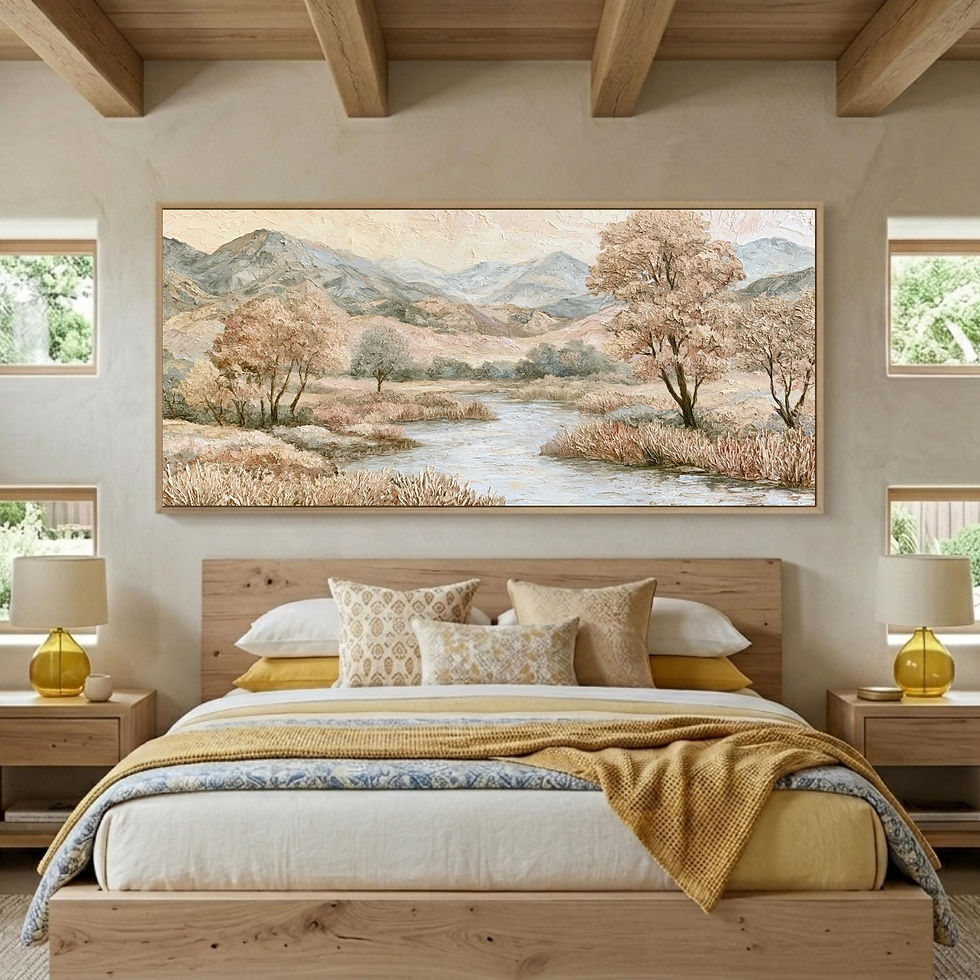 Panoramic landscape painting of a river valley with mountains and trees