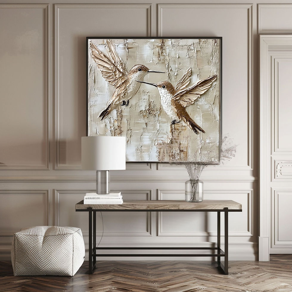 Thumbnail: Oveyum art: textured hummingbirds on a neutral background, square canvas