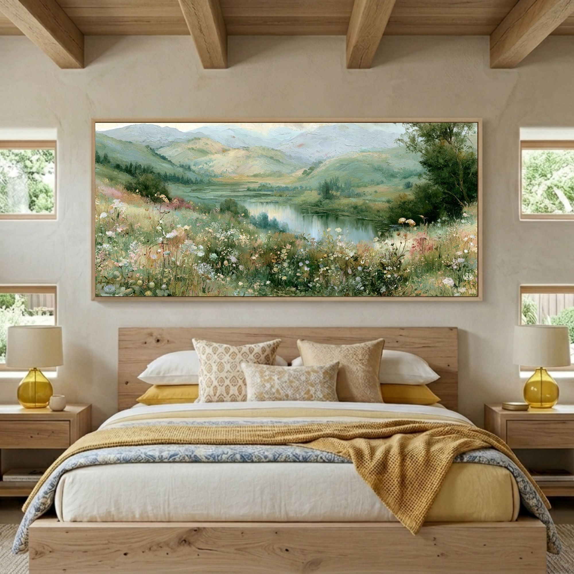 Panoramic landscape wall art of a valley with a lake and wildflowers