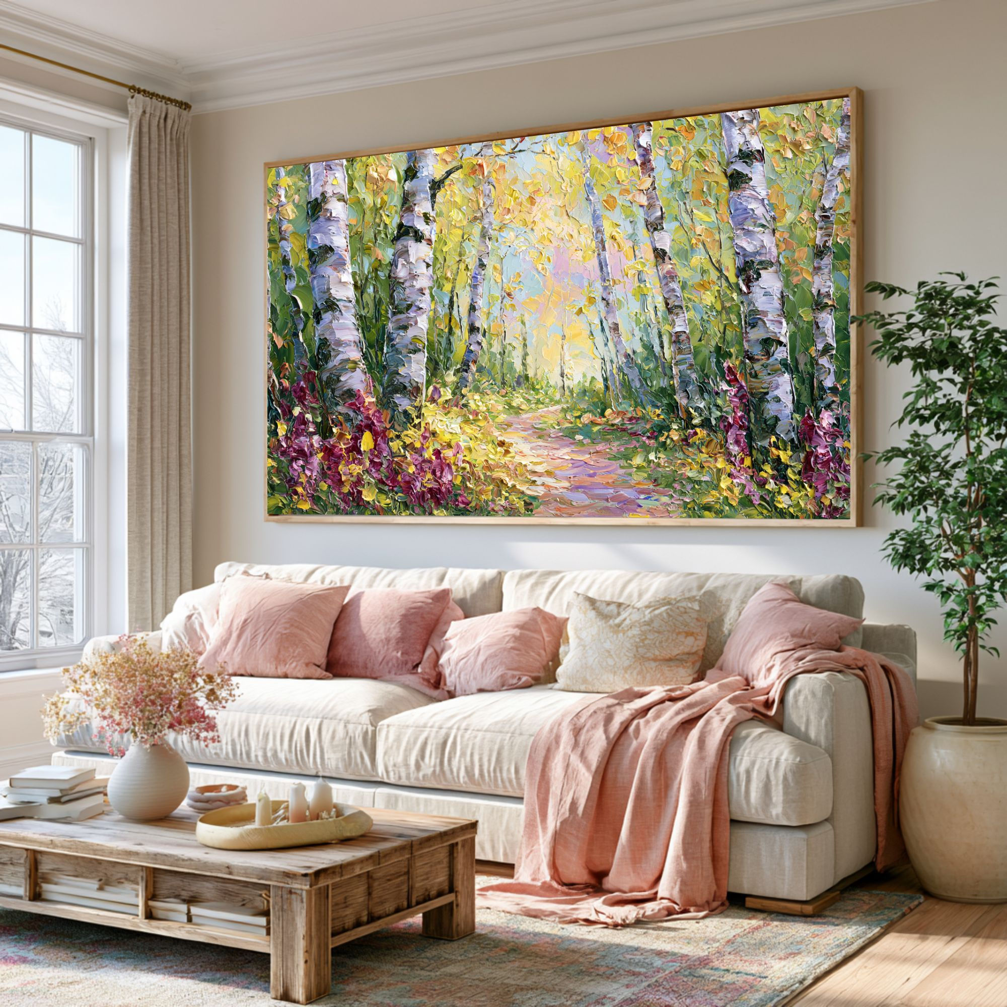 Impressionistic Birch Forest Canvas Wall Art for Living Room