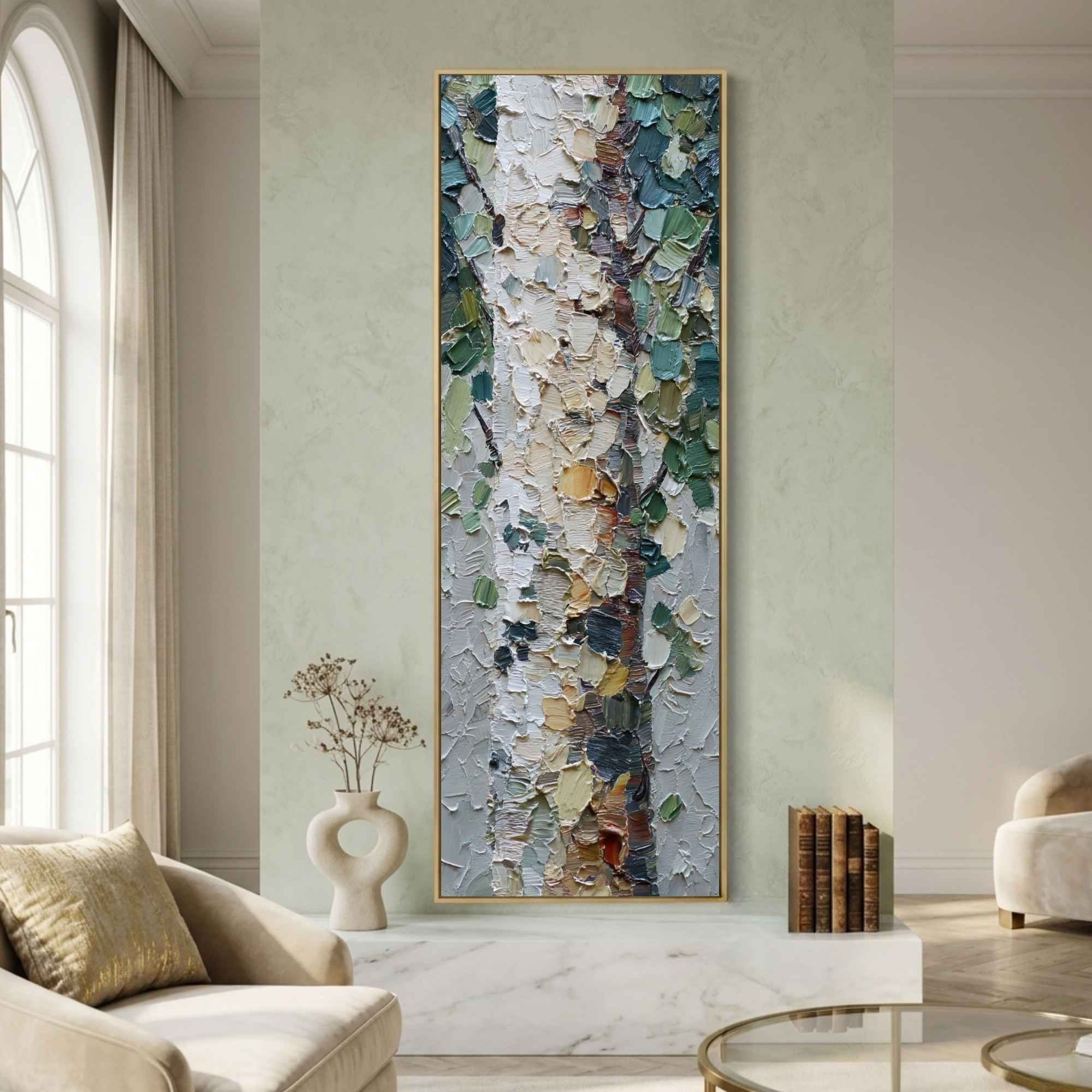 Tall Narrow Birch Tree Wall Art | Textured Vertical Canvas