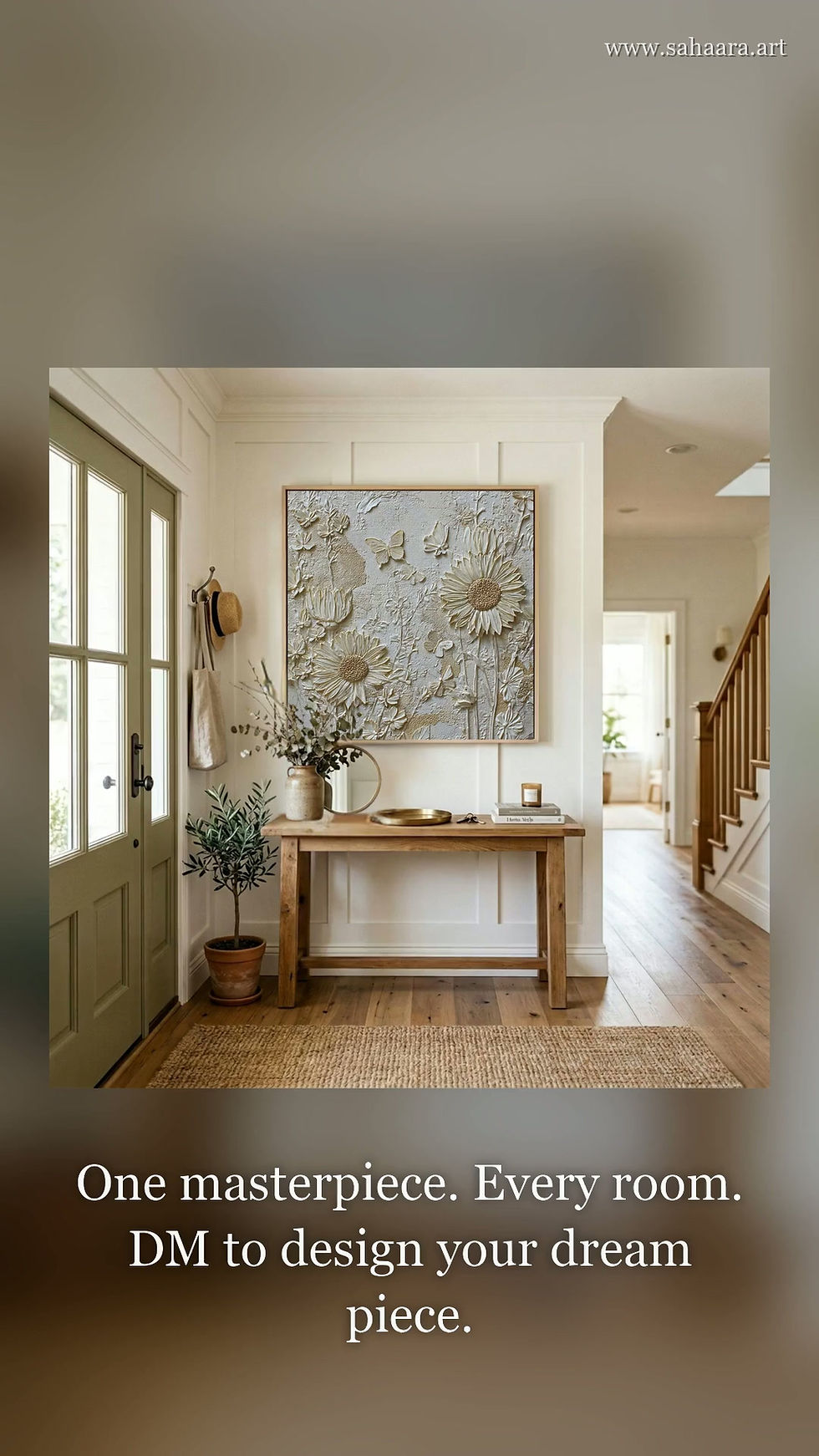 Thumbnail: Entryway Wall Art: Textured Floral Sunflowers & Butterflies Square Canvas