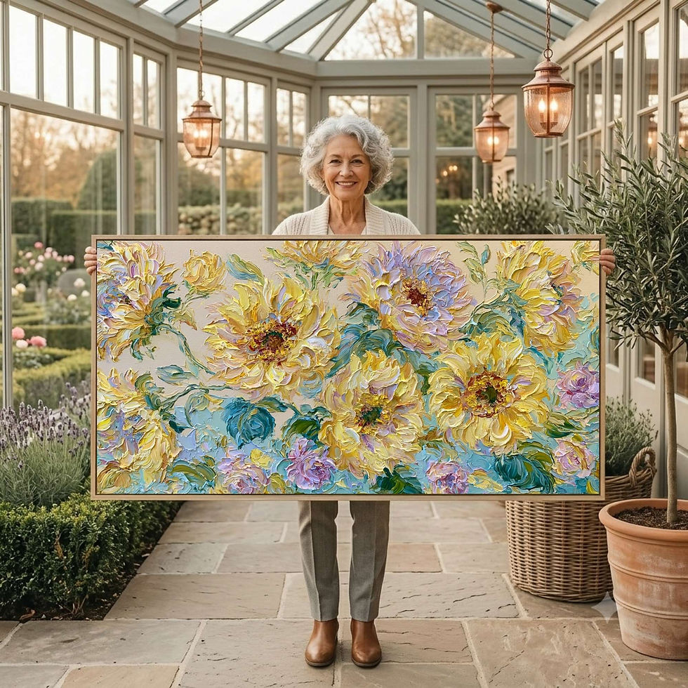Textured painting of blooming yellow flowers above a bed