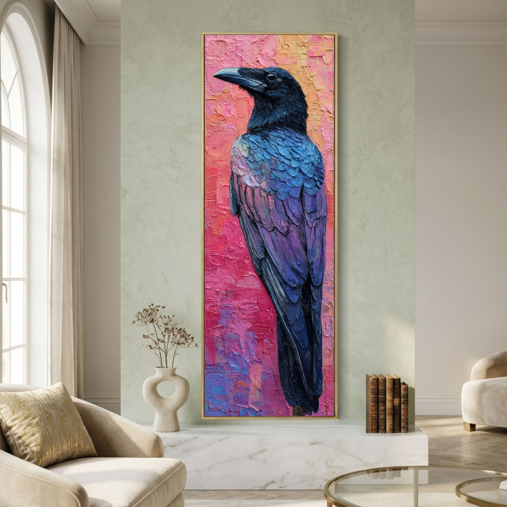 Tall vertical wall art of a black raven with textured blue and purple feathers against a vibrant pink and orange background.