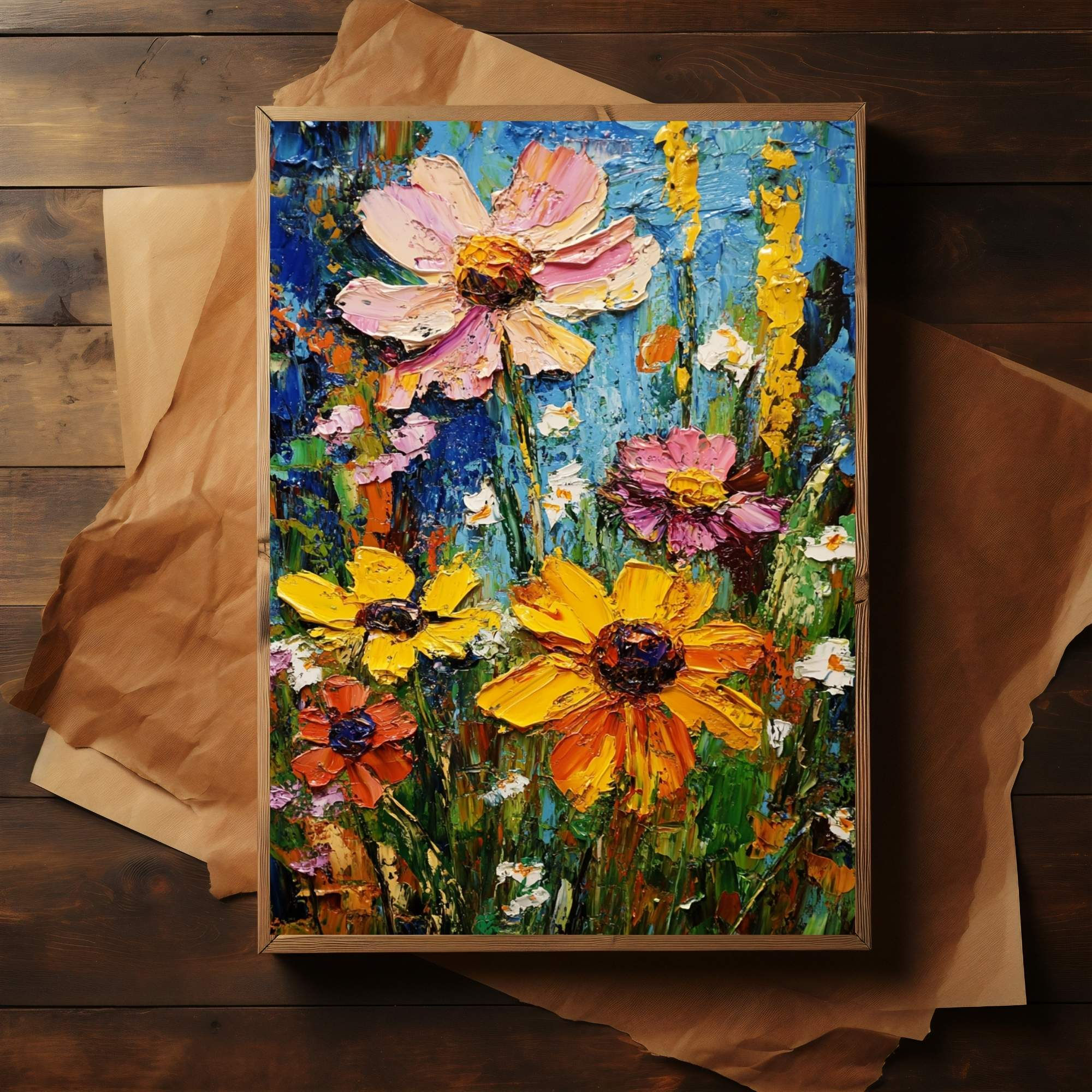 Tall Narrow Wall Art Floral Garden Textured Canvas Print for Living Room