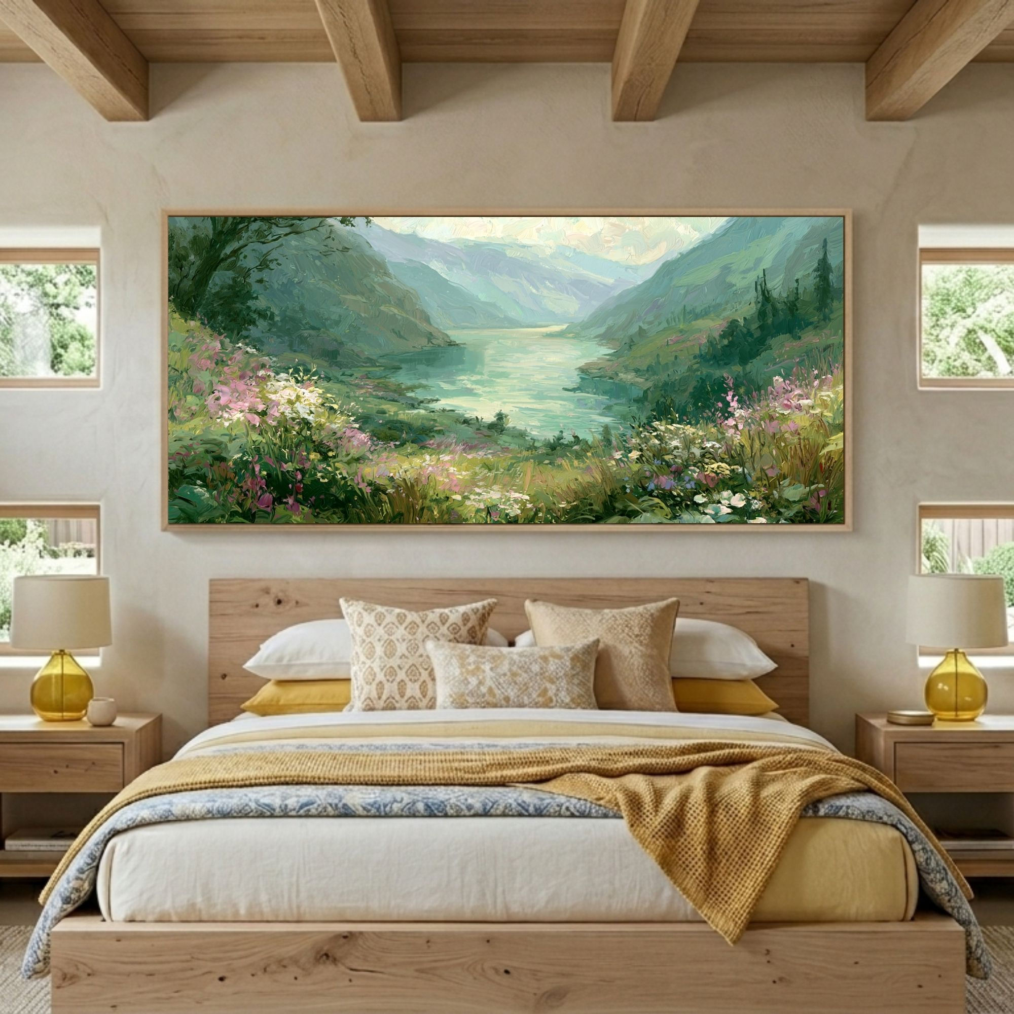 Panoramic landscape painting of a mountain lake with wildflowers above a bed.