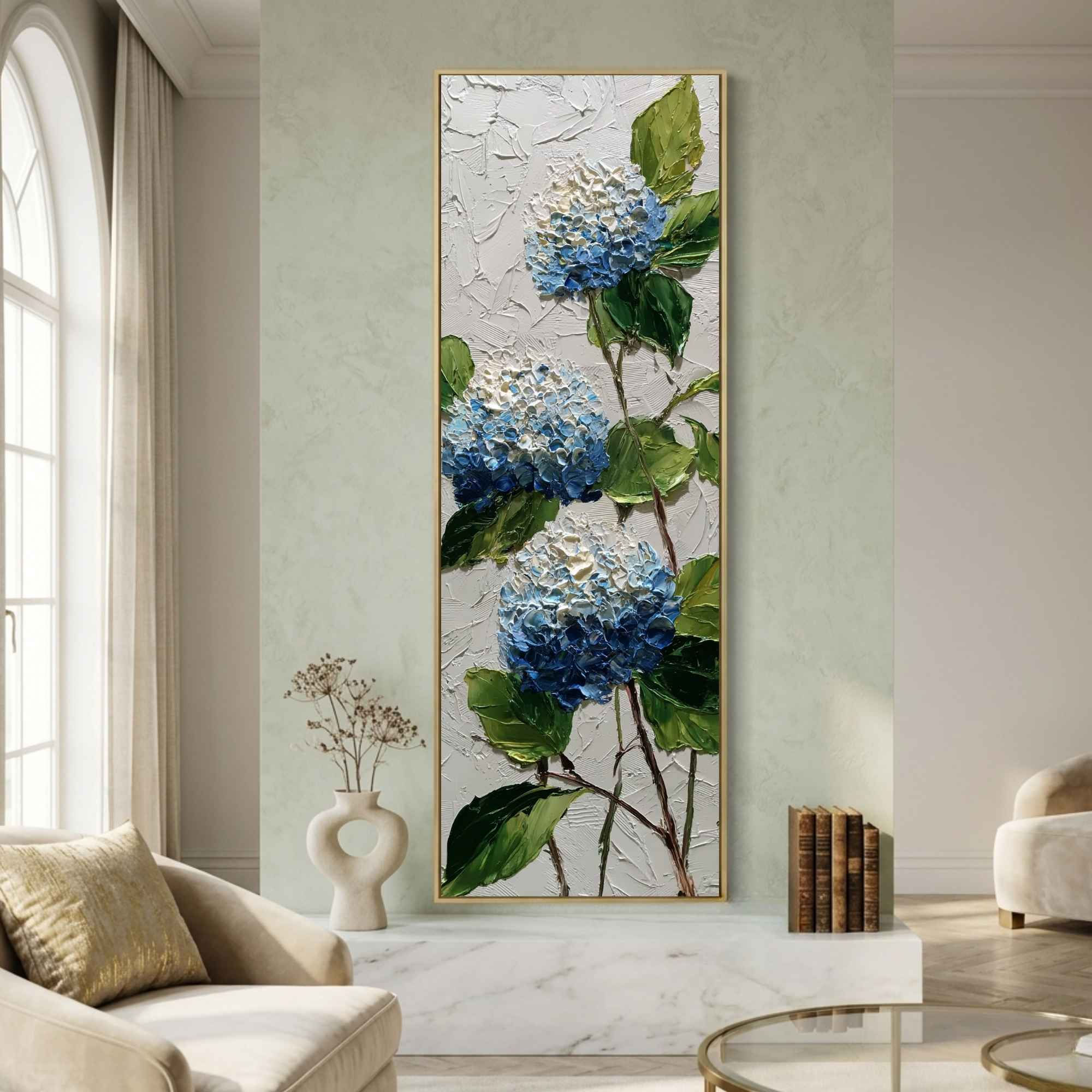 Tall Narrow Hydrangea Canvas Wall Art for Hallway