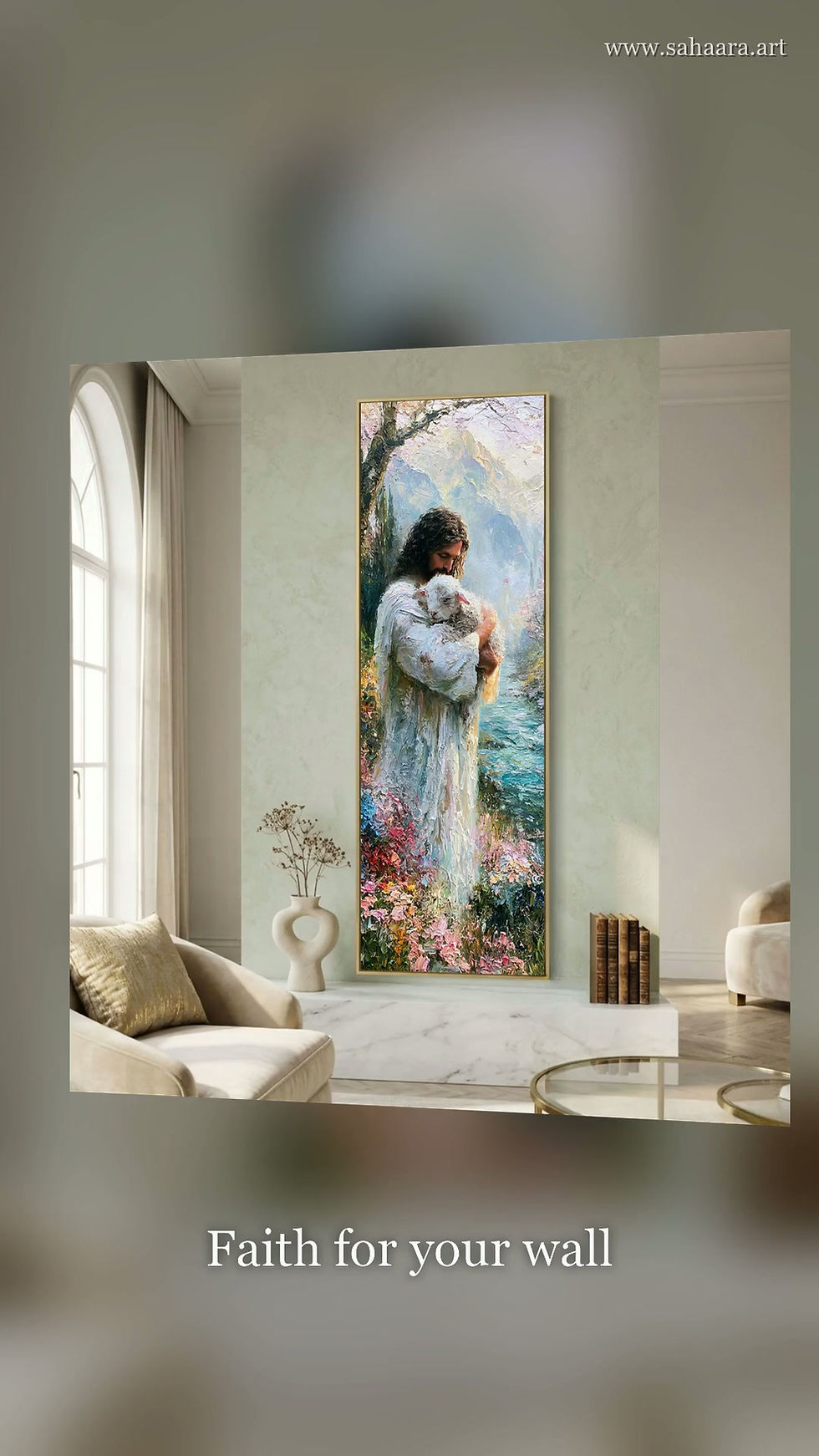 Thumbnail: Tall Narrow Jesus Holding Lamb Canvas Wall Art for Christian Home