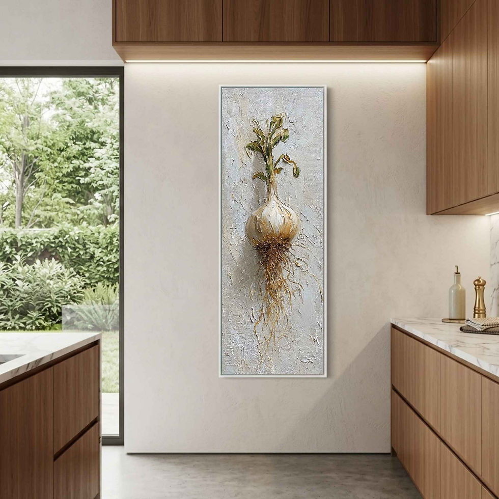 Thumbnail: Vertical wall art of a textured garlic bulb with roots